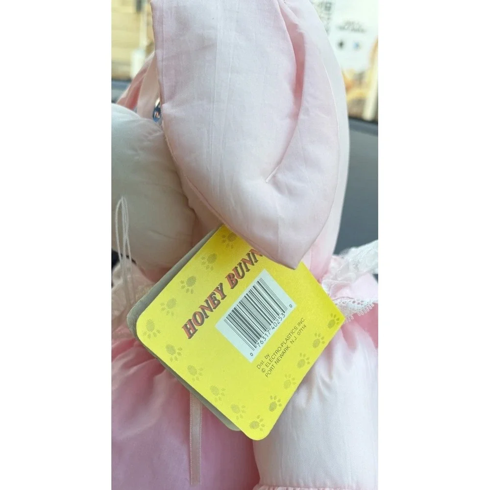 NWT Happy Mates Nylon Parachute Pink Bunny Rabbit plush Dress blue eyes Vintage